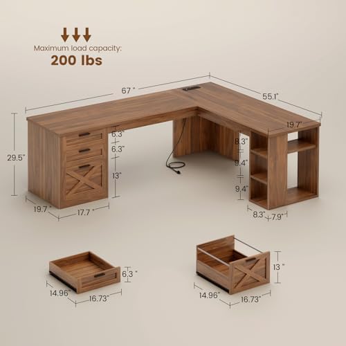 SEDETA 67" Farmhouse L Shaped Desk with 3 Drawers, Executive Home Office Desks with Storage Shelves, Corner Computer Desk with Power Outlets for Home Office, Brown