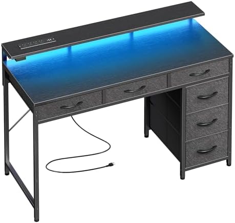 Huuger Gaming Desk with 6 Drawers, Computer Desk with LED Lights Power Outlets and Type-C, 39 Inch Office Desk with Storage, Monitor Stand, Writing Desk Work Desk Home Office, Bedroom, Black, 1CD100B