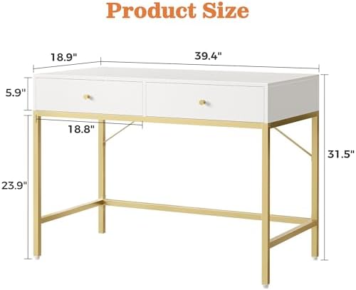 SUPERJARE 39.4" White and Gold Desk with 2 Drawers, Modern Makeup Desk