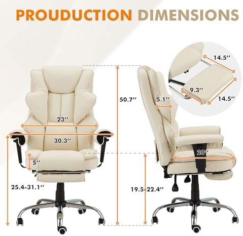 HOMREST 6-Point Massage Executive Chair,Heat Office Chair,Ergonomic Home Office Desk Chairs with Retractable Footrest and Reclining Function,Leather Computer Chair with Adjustable Armrest(‌Off White)