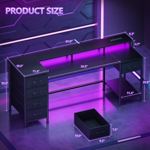 Korfile 61 Inch Gaming Computer Desk with Power Outlets,LED,5 Drawers,Black