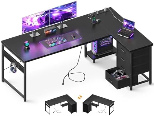 AODK 67" L Shaped Gaming Desk with 4 Drawers and Power Outlets, Black