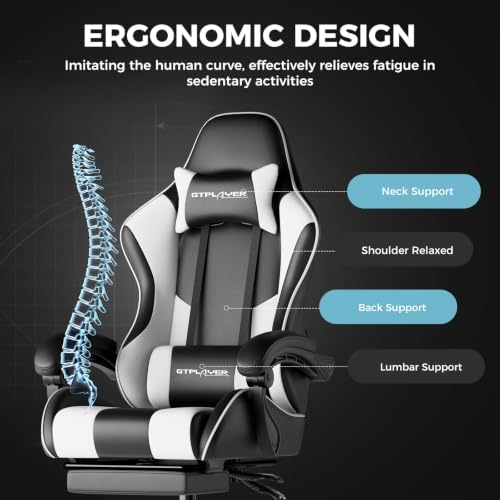 GTPLAYER Gaming Chair, Computer Chair with Footrest and Lumbar Support, Height Adjustable Game Chair with 360°-Swivel Seat and Headrest and for Office or Gaming (Pearl White)