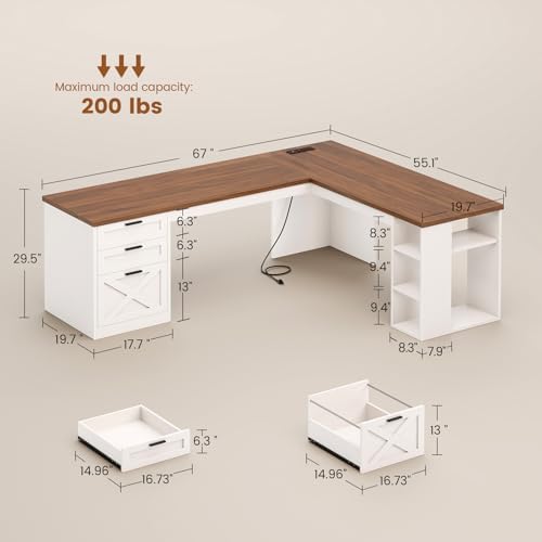 SEDETA 67" Farmhouse Executive L Shaped Desk with 3 Drawers
