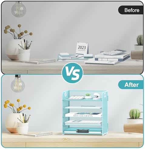 2 Pack 5-Tier Blue Desk Organizer with Handle Mesh Desk File/Paper Organizer Letter Tray for Office, School and Home Easy Installation