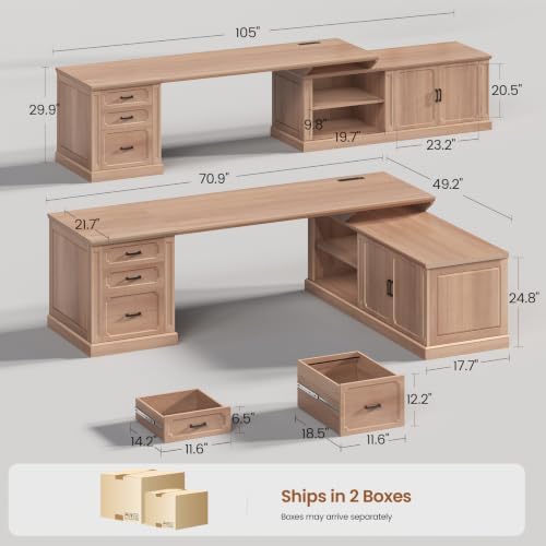 SEDETA Farmhouse L Shaped Desk with Drawers, 70.9" Home Office Desk with Storage Cabinet and Storage Shelves, L Shaped Computer Desk with Power Outlet，Oak