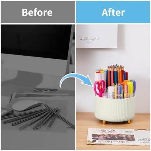 Marbrasse Desk Organizer, 360-Degree Rotating Pen Holder, 5-Compartment Pencil Organizer, Art Supply Storage Box Caddy for Office and Home (Ivory)