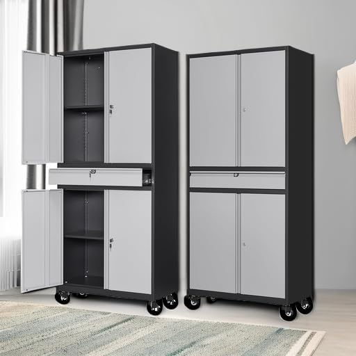 Letaya Metal Garage Storage Cabinet with Wheels,72” Rolling Tool Cabinet with 4 Door Lock-Adjustable Shelves and Drawer for Garage Home Office Utility Room (Black&Gray with Wheels)