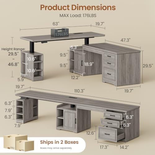 SEDETA Farmhouse L Shaped Standing Desk with Storage for Home Office (Grey)