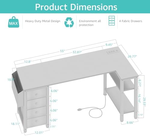Lufeiya White L Shaped Desk with Drawers & Storage Shelves, 55 Inch Corner Computer Desk with Power Outlet for Home Office Bedroom, L-Shaped Teen PC Desks with Fabric Drawer, White