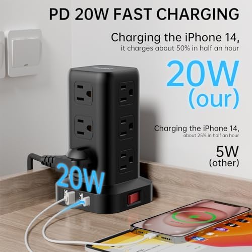 Extension Cord with Multiple Outlets, SMALLRT Power Strip Tower with USB Ports 12 AC Outlets, PD 20W USB C, 15FT Outlet Extender for Home Dorm, Office Supplies, Overload Protection