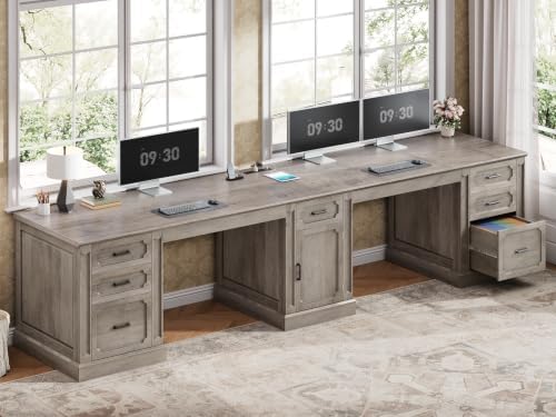 SEDETA Farmhouse 110.3" Two Person Desk with 7 Drawers, Long Computer Desk with Storage Cabinet, 2 Person Desk with Power Outlets for Home Office, Gray