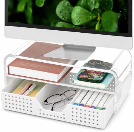OPNICE Desk Organizer and Accessories, 2-Tier Computer Monitor Stand Riser with Drawer and 2 Pen Holders, Laptop Stand, Office Desk Accessories for Office Supplies, Transparent