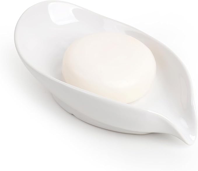 Soap Holder, Self-Draining Soap Dish, White Leaf Shape Ceramic Bar Soap Holder Drain Soap Dishes for Bathroom Sink Kitchen, Easy to Clean Keeps Soap Dry, ANTIS'S HOME