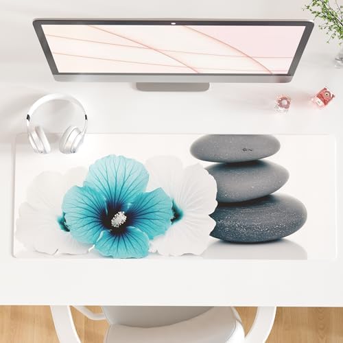 QiyI PU Leather Large Mouse Pad, Office Decor, 31.5" x 11.8", Blue Hibiscus