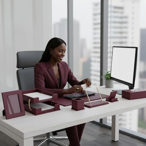 Leather Desk Set,13-Piece Desk Organizer Set, Executive Office Accessories with Desk Pad & Blotter, 2-Tier Tray, Pen Holder & More, Professional Office Desk Decor & Gift Set (Burgundy)