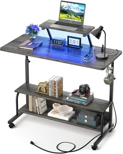 Height Adjustable Standing Desk with Power Outlets and LED Lights - 39" Manual Stand Up Desk with Monitor Stand and Storage Shelves Small Mobile Rolling Computer Desk Portable Laptop Table, Grey Oak
