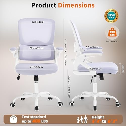 Ergonomic Office Chair,Mesh Office Chair with Lumbar Support,Mid Back Desk Chair with Flip-up Arms,400 lbs Comfy Computer Chair for Home Office (Pale Purple White)