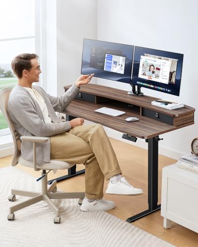 HUANUO 55" x 26" Electric Standing Desk with 2 Drawers, C-Clamp Mount Compatible, Height Adjustable Computer Desk, Home Office Stand Up Desk with 4 Preset Heights & 2 Hooks, Walnut