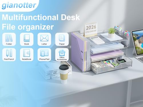 gianotter Desk Organizers and Accessories with File Holder, 4-Tier Desk Accessories & Workspace Organizers with Drawer and 2 Pen Holder, Paper Organizer for Office Supplies (Grey)