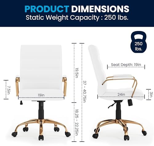 Flash Furniture Mid-Back White LeatherSoft Executive Swivel Office Chair with Gold Frame and Arms