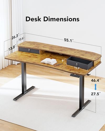 HUANUO 55″ x 26″ Electric Standing Desk with 2 Drawers, C-Clamp Mount Compatible, Height Adjustable Computer Desk, Home Office Stand Up Desk with 4 Preset Heights & 2 Hooks, Vintage Brown