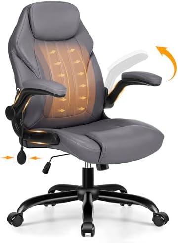Ylzyxal Office Desk Chair, Ergonomic Computer Chair with Padded Flip-Up Arms and Adjustable Lumbar Support, PU Leather Executive Chair with Tilt Lock and 360° Swivel Rolling Wheels for Work, Study