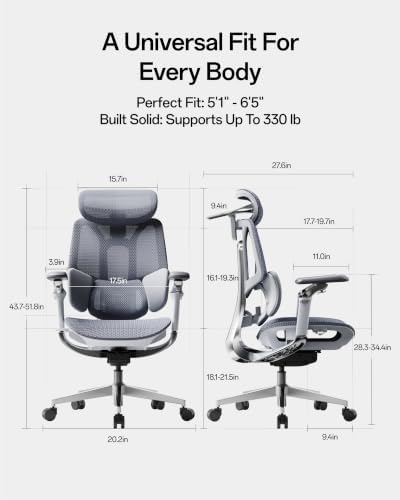 Hbada E3 Pro 2026 Edition Ergonomic Office Chair, Mesh Desk Chair with 3-Zone Floating Lumbar Support, Upgraded 4D Headrest, 720° Armrests, Grey