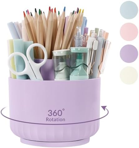 SKYDUE 360 Degree Rotating Desk Organizer, Dual-Purpose Pencil Pen Holder for Desktop, Rotating Desk Pen Organizer with 5 Slots Purple