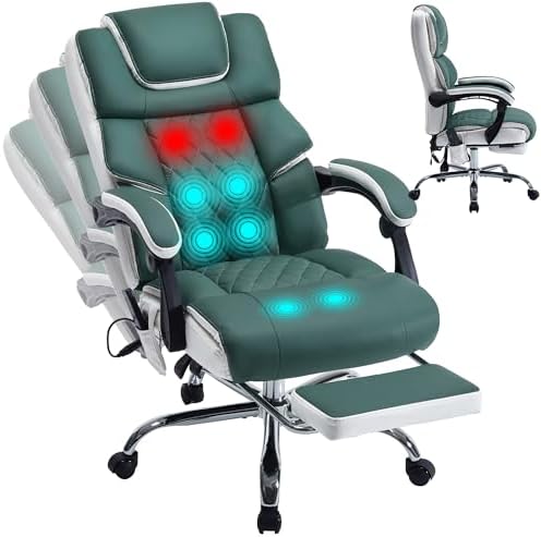 Massage Office Chair 6 Points 500lbs with Footrest,Reclining Leather Desk Chair with Vibration Heat,Executive Big and Tall Chairs for Heavy People,Adjustable Height Ergonomic Green