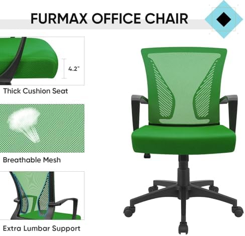 Furmax Office Chair Ergonomic Computer Desk Mesh Chair Mid Back Swivel Lumbar Support with Armrest (2, Green)