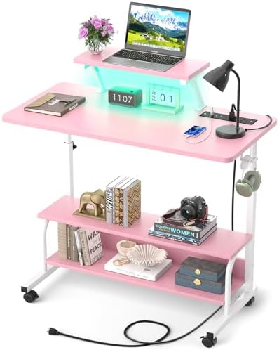 Height Adjustable Standing Desk with Power Outlets and LED Lights - 32" Manual Stand Up Desk with Monitor Stand and Storage Shelves Small Mobile Rolling Computer Desk Portable Laptop Table, Pink