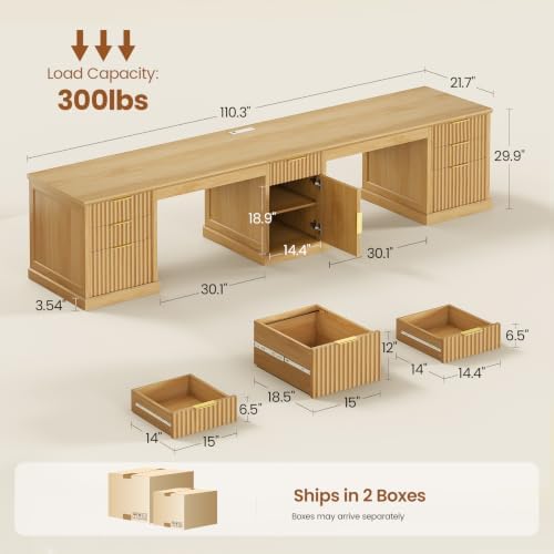 SEDETA Fluted 110.3" Two Person Desk with 7 Drawers for Office, Fluted Oak
