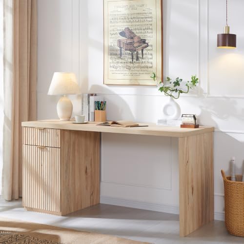 60" Fluted Office Home Desk, Reversible Left‑Right Cabinet, Built‑in Outlet