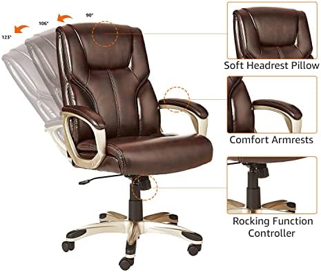 Amazon Basics Executive High Back Office Chair, Adjustable Height, Tilt, Swivel, Padded Armrests, Brown/Gold