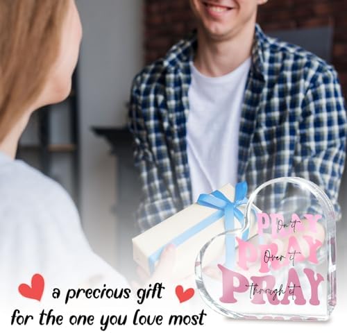 Pray on it Pray over it Pray through it Heart Acrylic Sign, Mother's Day Decorative, Pink Dorm Room Decor for Women, Pink Office Desk Accessories Decor Sign, Bathroom Acrylic Sign(Heart)