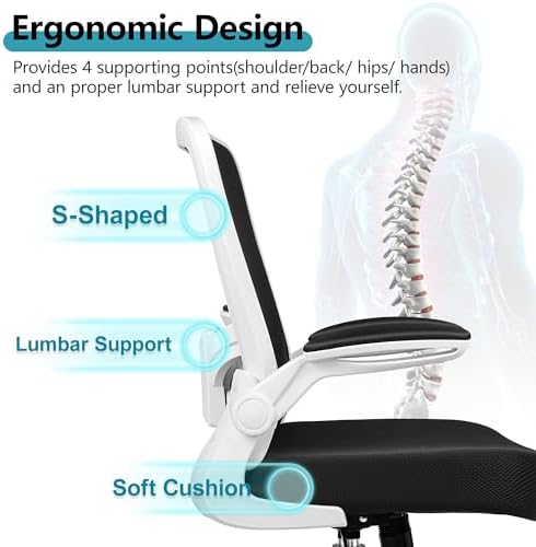 FelixKing Office Chair, Ergonomic Desk Chair Breathable Mesh Chairs Adjustable High Back Lumbar Support Flip-up Armrests, Executive Rolling Swivel Comfy Computer Chairs Home Office White