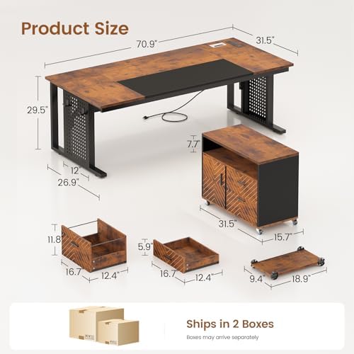 SEDETA 71" Executive Desk with Rolling File Cabinet, Large Office Desk with Drawers, L Shaped Computer Desk with Power Outlets, CPU Stand, Pegboard and Storage Shelves, Rustic Brown