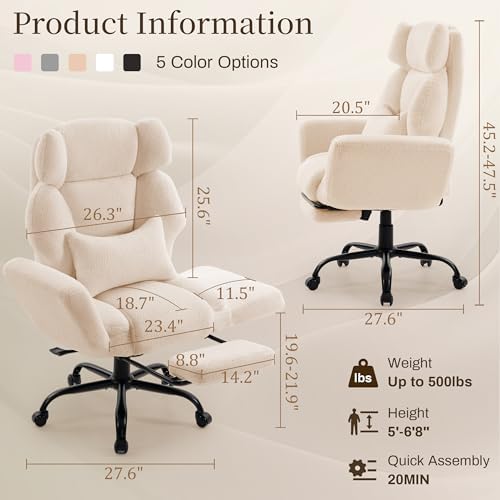 Office Chair with Flip Armrests,Big and Tall Office Chair with Foot Rest,Extra Wide Seat & Lumbar Pillow,Ergonomic Computer Gaming Chair,Comfy Criss Cross Chair for Pets Sitting,Teddy Fleece,Beige