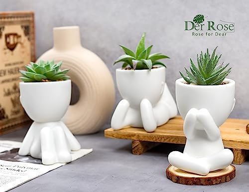 Der Rose 3 Pack Fake Succulents in White Human-Shaped Pots for Desk Decor
