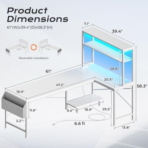 PRAISUN L Shaped Gaming Desk with LED Lights & Power Outlets