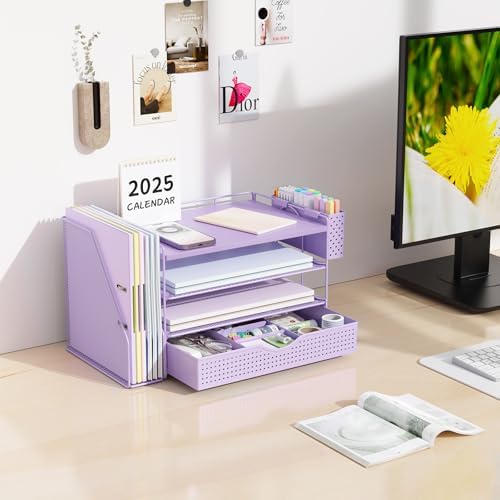 Wood Desk Organizers and Accessories with File Holder, 4-Tier Desk Accessories & Workspace Organizers with Drawer and Pen Holder, Desk Reference Organizer (Purple, 4T with Drawer)