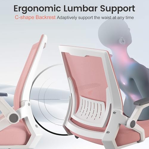 GTPLAYER Ergonomic Office Chair with Flip-up Armrests Executive Computer Chair for Home Office, Breathable Mesh & Comfy Lumbar Support, Pink