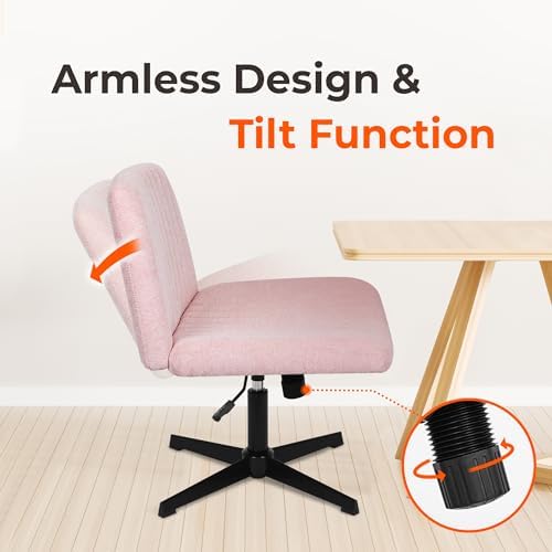 NEO Chair Criss Cross Chair No Wheel Vanity Desk Chair Wide Armless Cross Legged Office Comfy Makeup Adjustable Computer Task for Home Office Fabric (Pink)