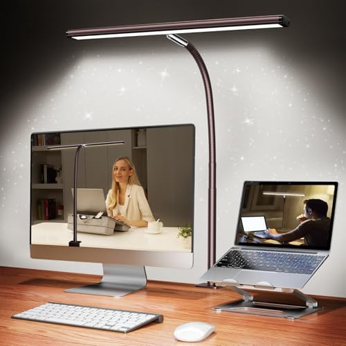 Airlonv LED Desk Lamp with Clamp, 17" Stepless Dimming Light, Brown