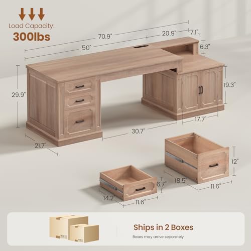 SEDETA Farmhouse 70.9" Executive Desk, Home Office Desk with File Drawers and Storage Cabinet, Computer Desk with Power Outlet for Home Office, Work Study Writing, Oak