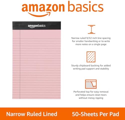 Amazon Basics Narrow Ruled Writing Pads, Perforated, 5" x 8", Multicolor, 6-Pack of 50 Sheets
