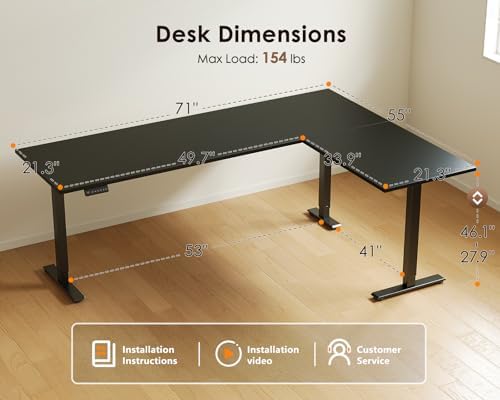 OffiGo 71 Inch Reversible L Shaped Electric Standing Desk, Black
