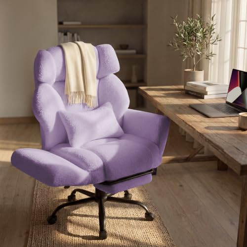 Office Chair with Flip Armrests,Comfy Criss Cross Chair for Pets Sitting,Big and Tall Office Chair with Foot Rest,Extra Wide Seat & Lumbar Pillow,Ergonomic Computer Gaming Chair,Teddy Fleece,Purple