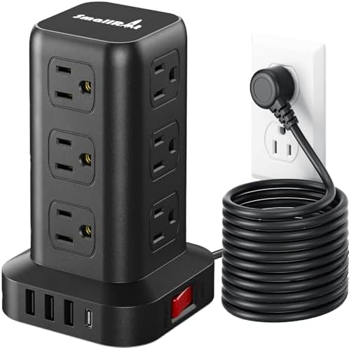 Extension Cord with Multiple Outlets, SMALLRT Power Strip Tower with USB Ports 12 AC Outlets, PD 20W USB C, 15FT Outlet Extender for Home Dorm, Office Supplies, Overload Protection